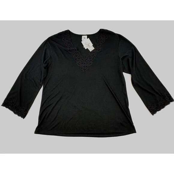 Natori Congo Pajama Top Womens Large Black Loungewear Lace Long Sleeve Pj Shirt - Picture 1 of 9